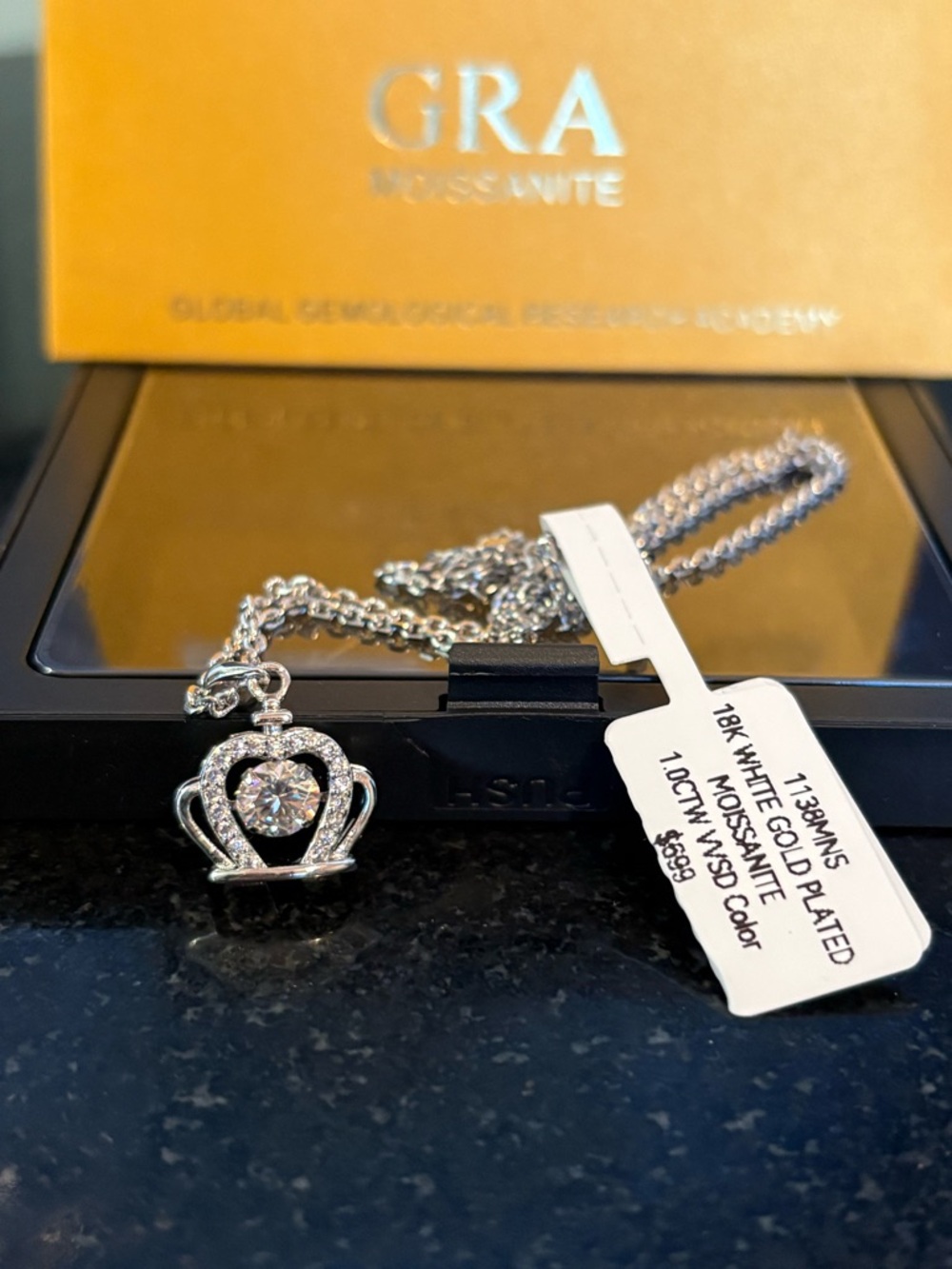 Moissanite Diamond “Floating Stone” White Gold Plated King/Queen Crown Necklace